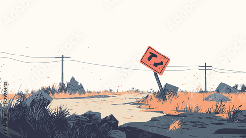 A digital painting or illustration depicts a desolate landscape featuring a dirt road leading to a crossroads. A weathered, tilted sign indicating a turn is present. The landscape is dry and