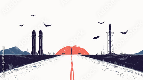 The image is a minimalist vector graphic depicting a long, straight road stretching towards a setting sun.  The road is rendered in shades of white and grey, with a thin red center line.  On either