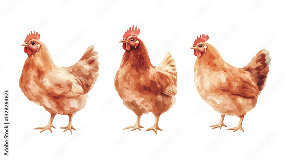 Fototapeta premium A digital watercolor painting depicts three light brown hens against a white background. Each hen is rendered in detail, showing feathers, comb, and wattle. The style is illustrative, with soft