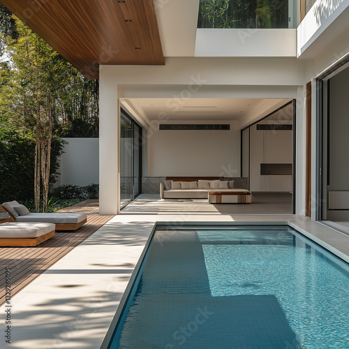 Luxury Modern Backyard with Minimalist Pool and Wooden Accents photo