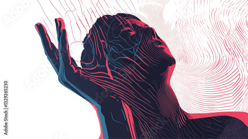 The image depicts a stylized human figure rendered in shades of red and blue. The figure appears abstract, with lines and textures creating a sense of depth and movement.  The background features
