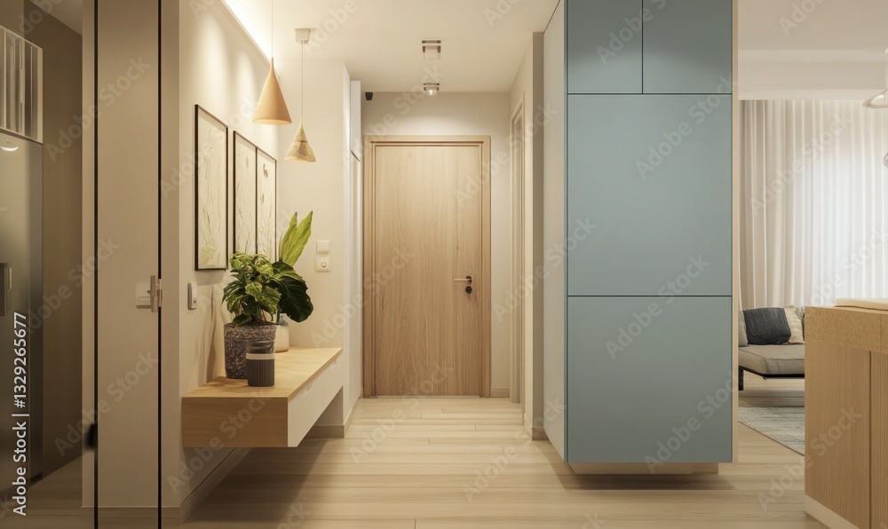 Obraz premium Modern light hallway interior design with wooden floor, light walls, and built-in storage.