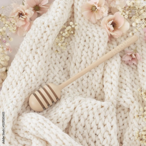 A wooden honey stick is placed on a white blanket with flowers