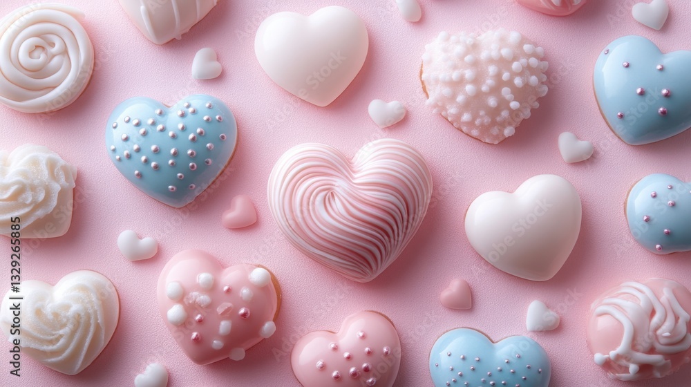 A Beautiful Arrangement of Colorful Heart-Shaped Cookies on a Soft Pink Background A Beautiful Arrangement of Colorful Heart-Shaped Cookies on a Soft Pink Background