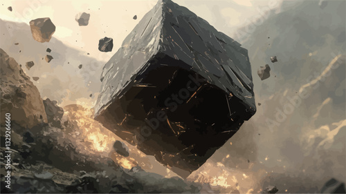 The image depicts a large, dark gray cube falling through the air.  The cube appears to be made of a rough, possibly stone-like material. It is surrounded by flying debris, rocks, and dust, with