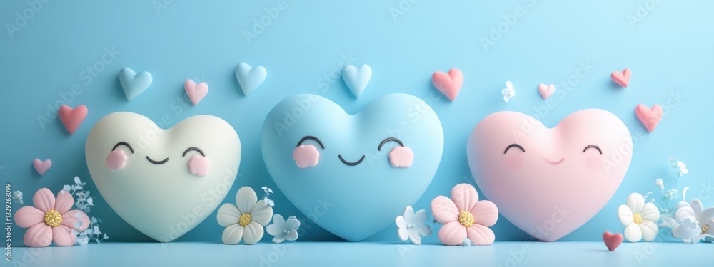 Colorful Heart-Shaped Characters with Smiling Expressions Surrounded by Flowers on a Blue Background Colorful Heart-Shaped Characters with Smiling Expressions Surrounded by Flowers on a Blue Background