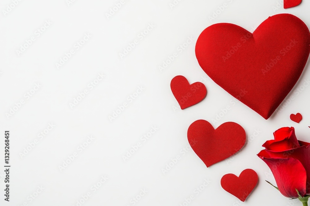 Romantic flat lay composition with red hearts and a single red rose on a clean white background evoking love passion and heartfelt emotions Romantic flat lay composition with red hearts and a single red rose on a clean white background evoking love passion and heartfelt emotions