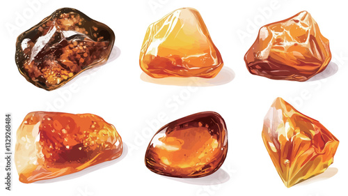 A digital image showcasing six individual amber stones against a white background.  Each stone displays varying shapes, sizes, and levels of translucency, ranging from deep amber to lighter, more