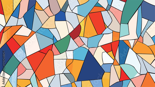 The image presents an abstract composition characterized by a multitude of geometric shapes, primarily polygons of varying sizes and angles.  The shapes are arranged in a fragmented, mosaic-like