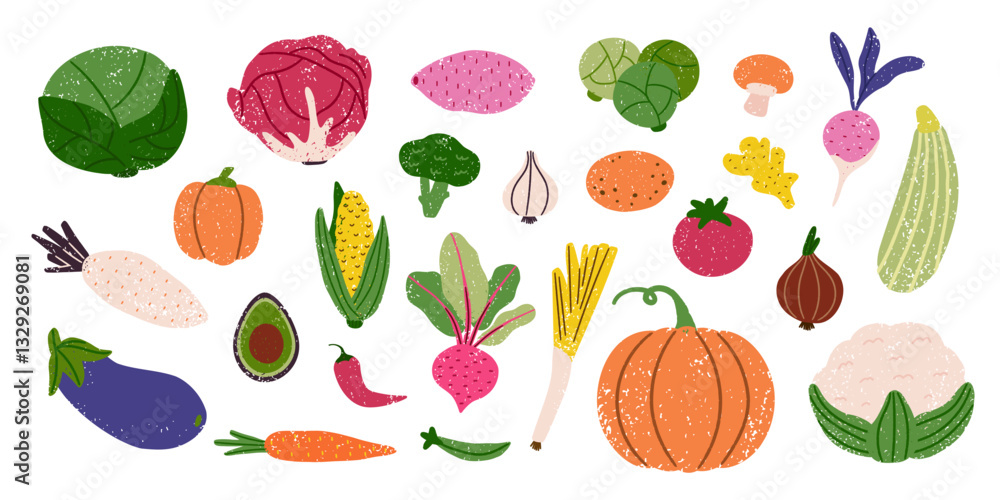 Fresh organic vegetables crayon and chalk textured drawing set Fresh organic vegetables crayon and chalk textured drawing set