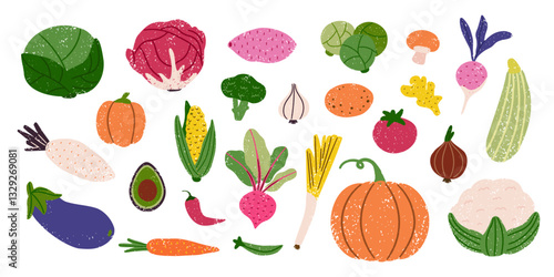 Fresh organic vegetables crayon and chalk textured drawing set