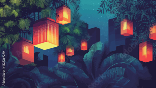 Digital illustration depicting a surreal cityscape at night, overlaid with lush tropical foliage.  Numerous glowing red and orange lanterns of cubic shape are suspended amongst the leaves, casting