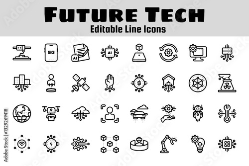 Future Tech outline icon set related to future, digital technology, AI, network, and others. Vector illustration