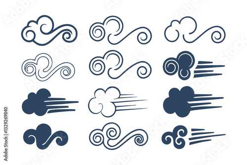Hand Drawn Doodle Wind and Air Motion Sketch Set. Abstract Swirls, Smoke Flow, and Line Art Elements Vector Graphic Clipart Isolated Illustration