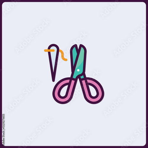 Stylized crafting icon depicting needle and thread alongside a pair of scissors