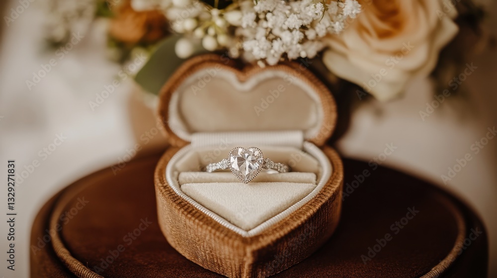 A romantic proposal setting featuring a heart-shaped ring box with a diamond engagement ring inside A romantic proposal setting featuring a heart-shaped ring box with a diamond engagement ring inside