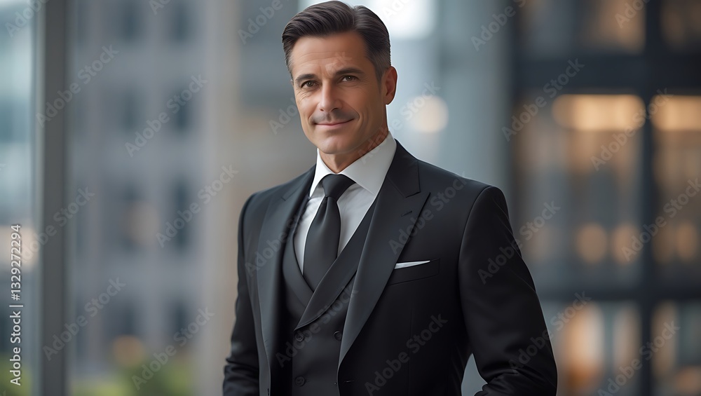 Confident Middle-Aged Businessman in Black Suit Against Blurred Cityscape – Professional Leadership Concept Confident Middle-Aged Businessman in Black Suit Against Blurred Cityscape – Professional Leadership Concept