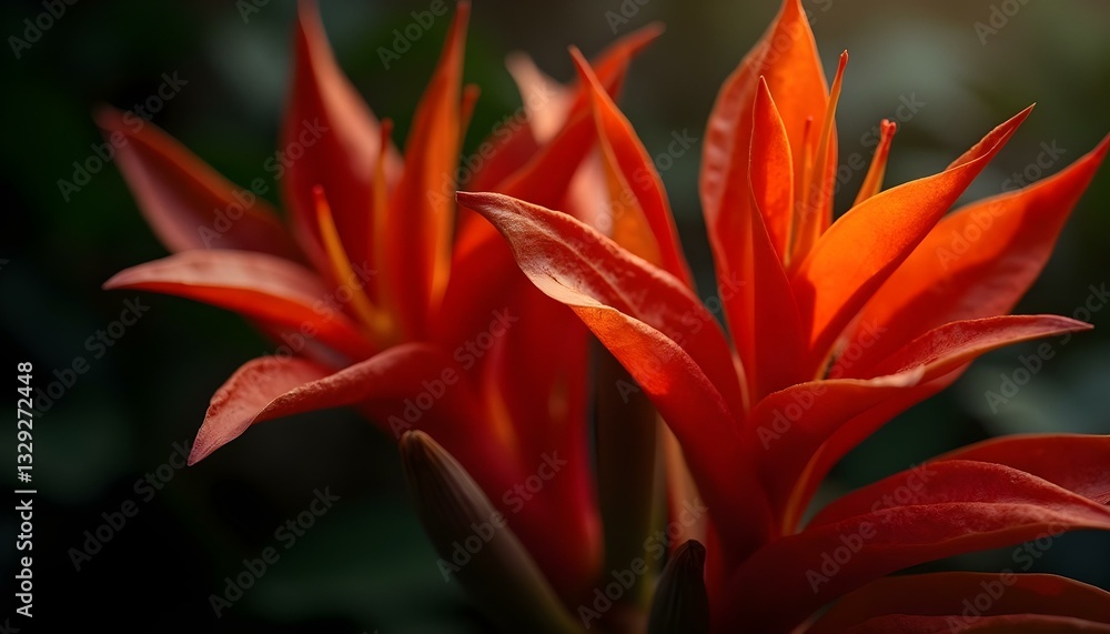 Vibrant tropical flowers including pink and orange hibiscus, red heliconia, and lush green leaves against a dark background Vibrant tropical flowers including pink and orange hibiscus, red heliconia, and lush green leaves against a dark background