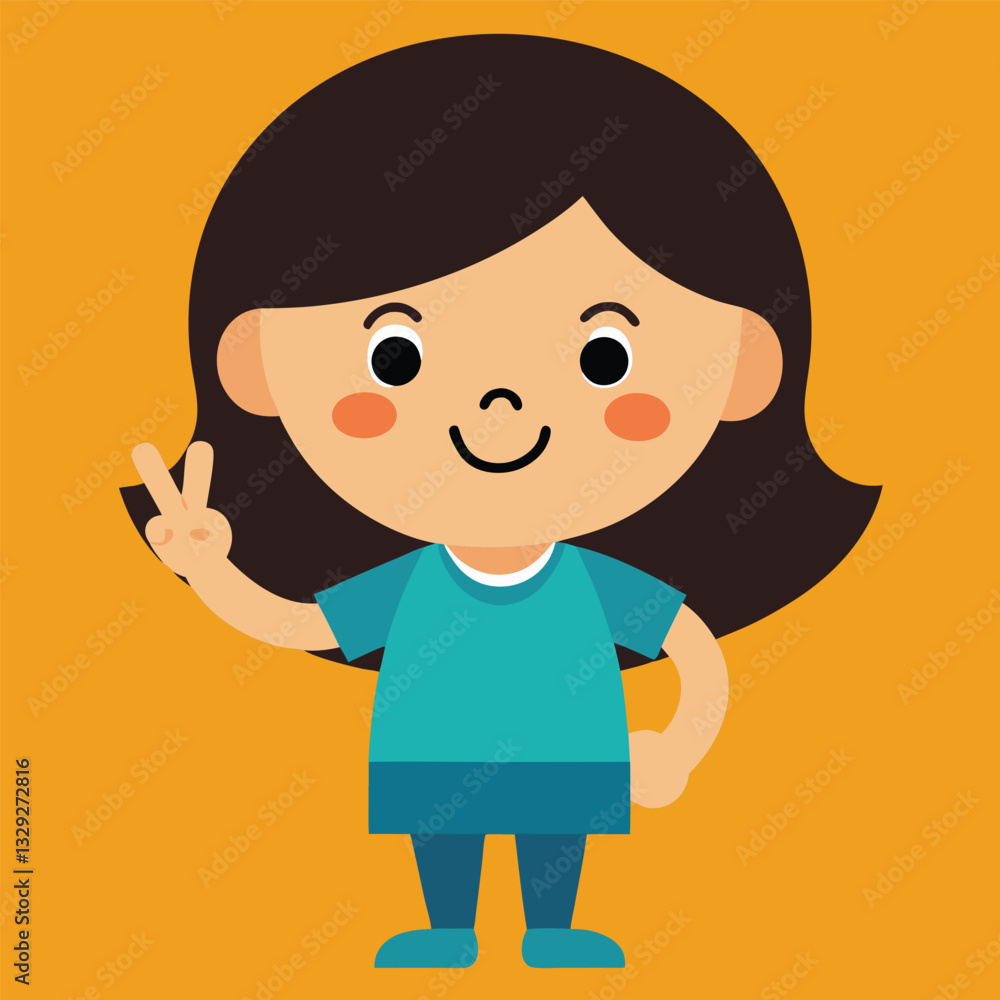 Cute young girl, black hair, teal shirt, peace sign gesture, rosy cheeks, simple illustration style, flat colors, yellow background, minimalist design, cheerful expression, vector a Cute young girl, black hair, teal shirt, peace sign gesture, rosy cheeks, simple illustration style, flat colors, yellow background, minimalist design, cheerful expression, vector a