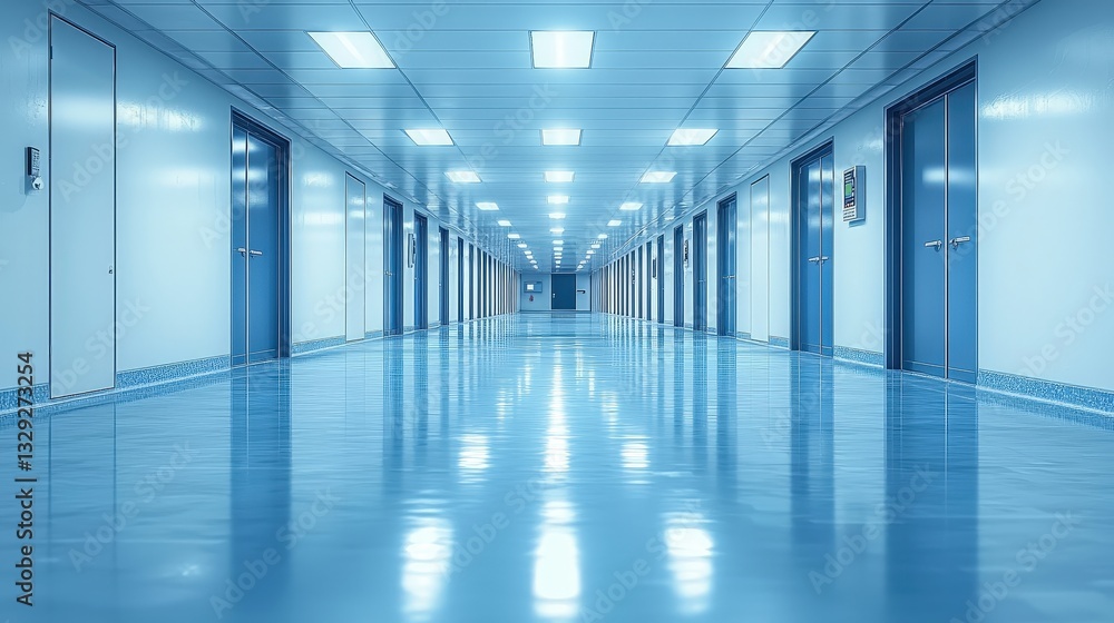 Spacious long hallway featuring blue flooring that gives a modern and clean aesthetic to the area Spacious long hallway featuring blue flooring that gives a modern and clean aesthetic to the area