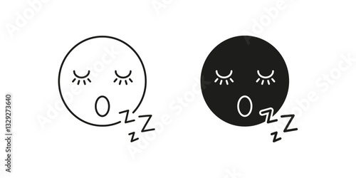 Sleeping Face with Eyelashes and ZZZ Line and Silhouette Icon Set. Peaceful Rest and Sleep Outline Symbol. Editable Stroke. Isolated Vector Illustration