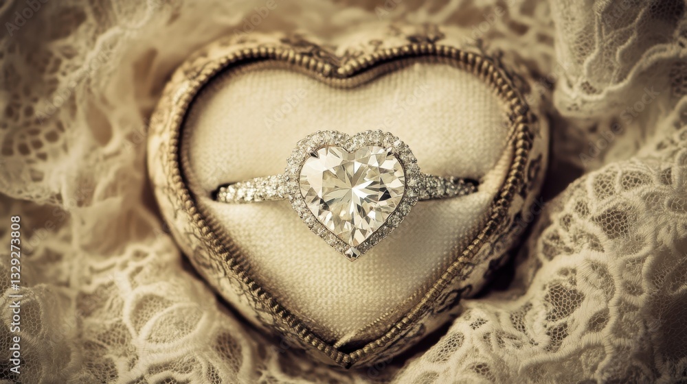 A simple yet elegant diamond engagement ring inside a heart-shaped jewelry box, placed on a lace cloth A simple yet elegant diamond engagement ring inside a heart-shaped jewelry box, placed on a lace cloth