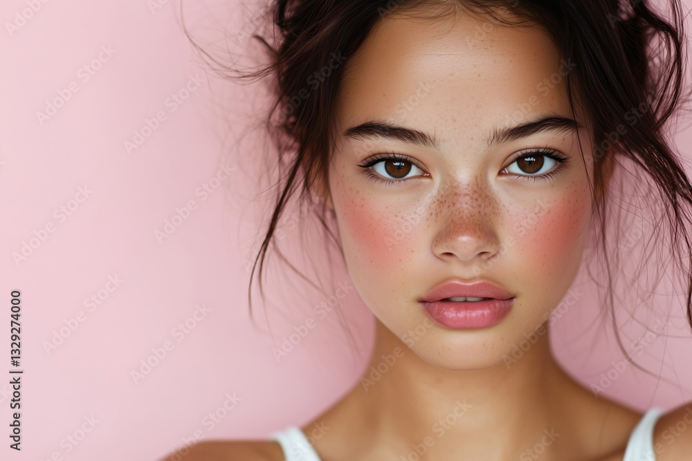 Close-up of a young woman's face, pink background. Close-up of a young woman's face, pink background.