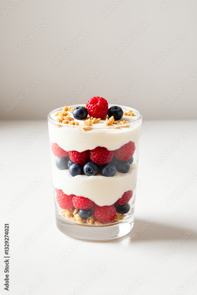 Greek yogurt parfait in glass layered with raspberries, blueberries, granola, and creamy yogurt. Healthy and nutritious breakfast or snack option with fresh ingredients and balanced flavors
Greek yogurt parfait in glass layered with raspberries, blueberries, granola, and creamy yogurt. Healthy and nutritious breakfast or snack option with fresh ingredients and balanced flavors