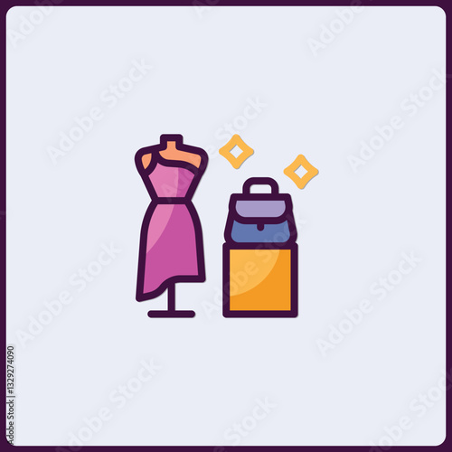 Stylish Outfit Selection Illustration with Dress, Bag, and Glitter Icons