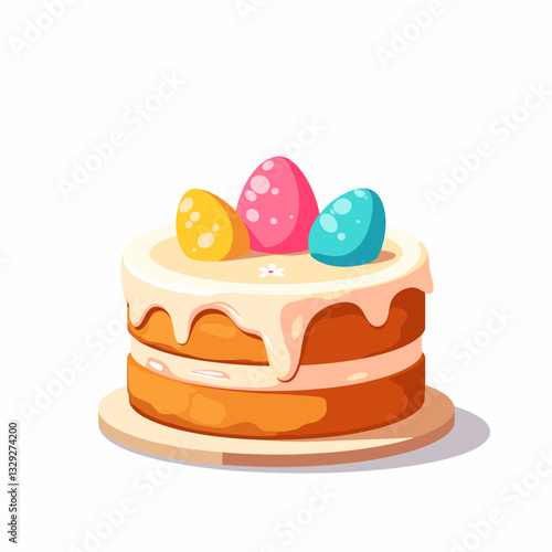 Colorful easter cake with decorated eggs on a white background, festive treat