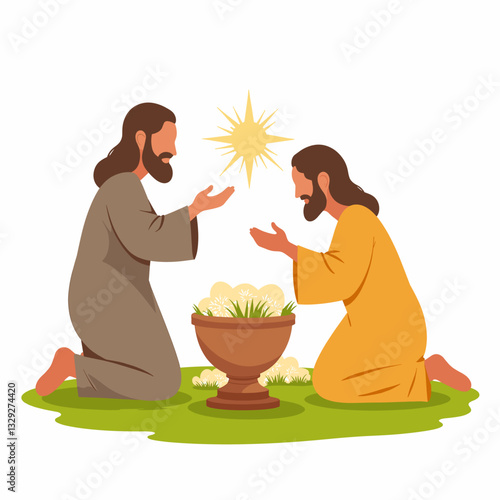 Two figures celebrating easter mass with joyful gestures, religious symbolism