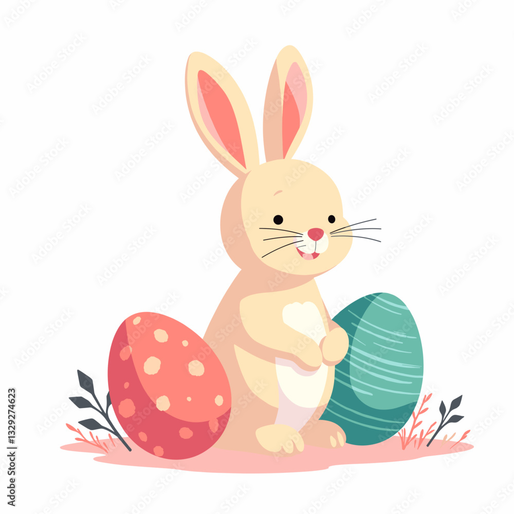 Cute easter bunny with decorated eggs, celebrating spring joy Cute easter bunny with decorated eggs, celebrating spring joy