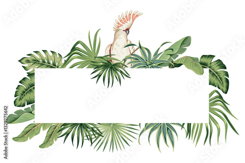 Tropical palm leaves, plant, cockatoo parrot botanical frame. Exotic jungle banner.