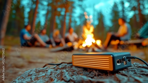 Portable Power Bank at Campsite Dusk Forest Setting