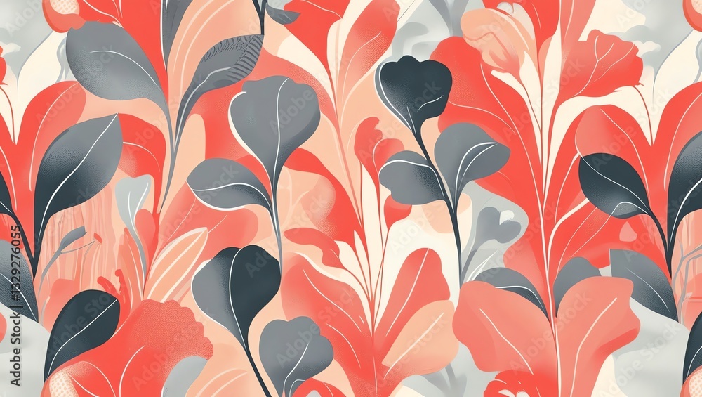 Abstract Floral Pattern: Coral and Gray Botanical Illustration Abstract Floral Pattern: Coral and Gray Botanical Illustration