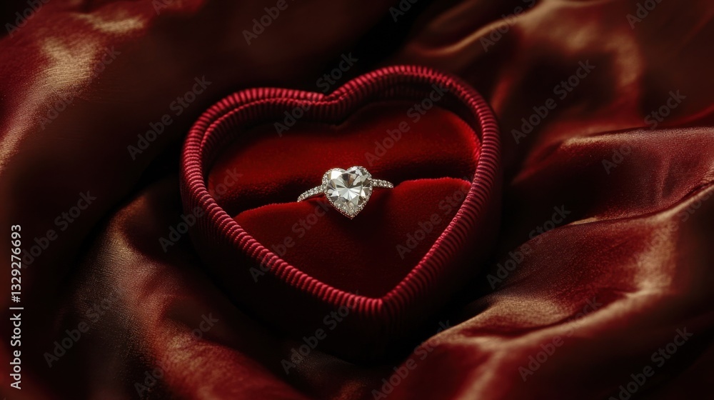 Fototapeta premium A velvet heart-shaped jewelry box with a sparkling diamond engagement ring inside, placed on a silk pillow