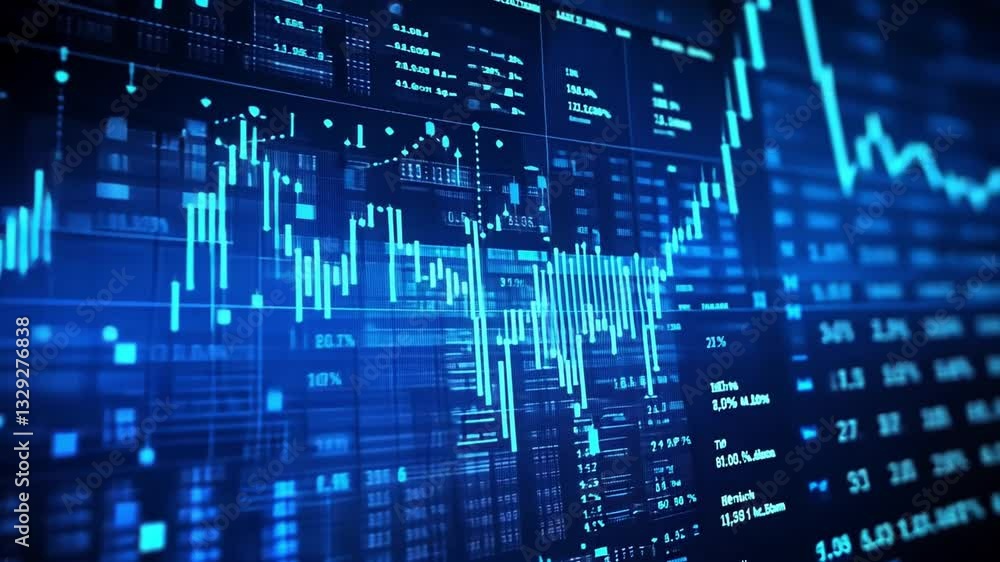 Complex data patterns illustrate market movements and financial activity. Bright blue graphics highlight significant trends and statistical insights for investors and analysts Complex data patterns illustrate market movements and financial activity. Bright blue graphics highlight significant trends and statistical insights for investors and analysts