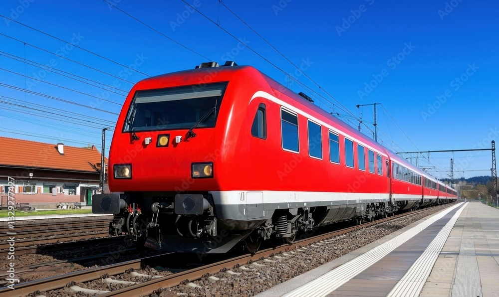 A modern red passenger train waits at the platform on a sunny day, ready for departure. A modern red passenger train waits at the platform on a sunny day, ready for departure.