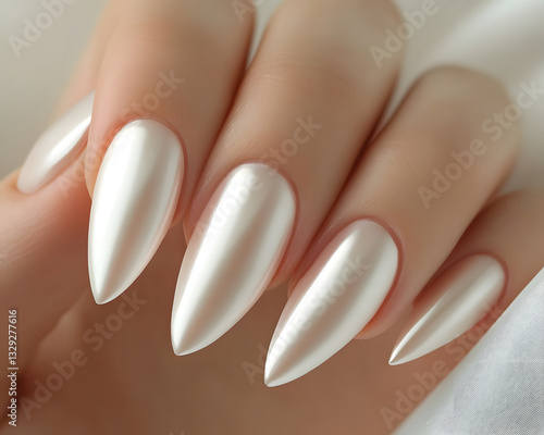 A close-up of exquisite, elongated almond-shaped nails adorned with a glossy, pearlescent finish that exudes sophistication.