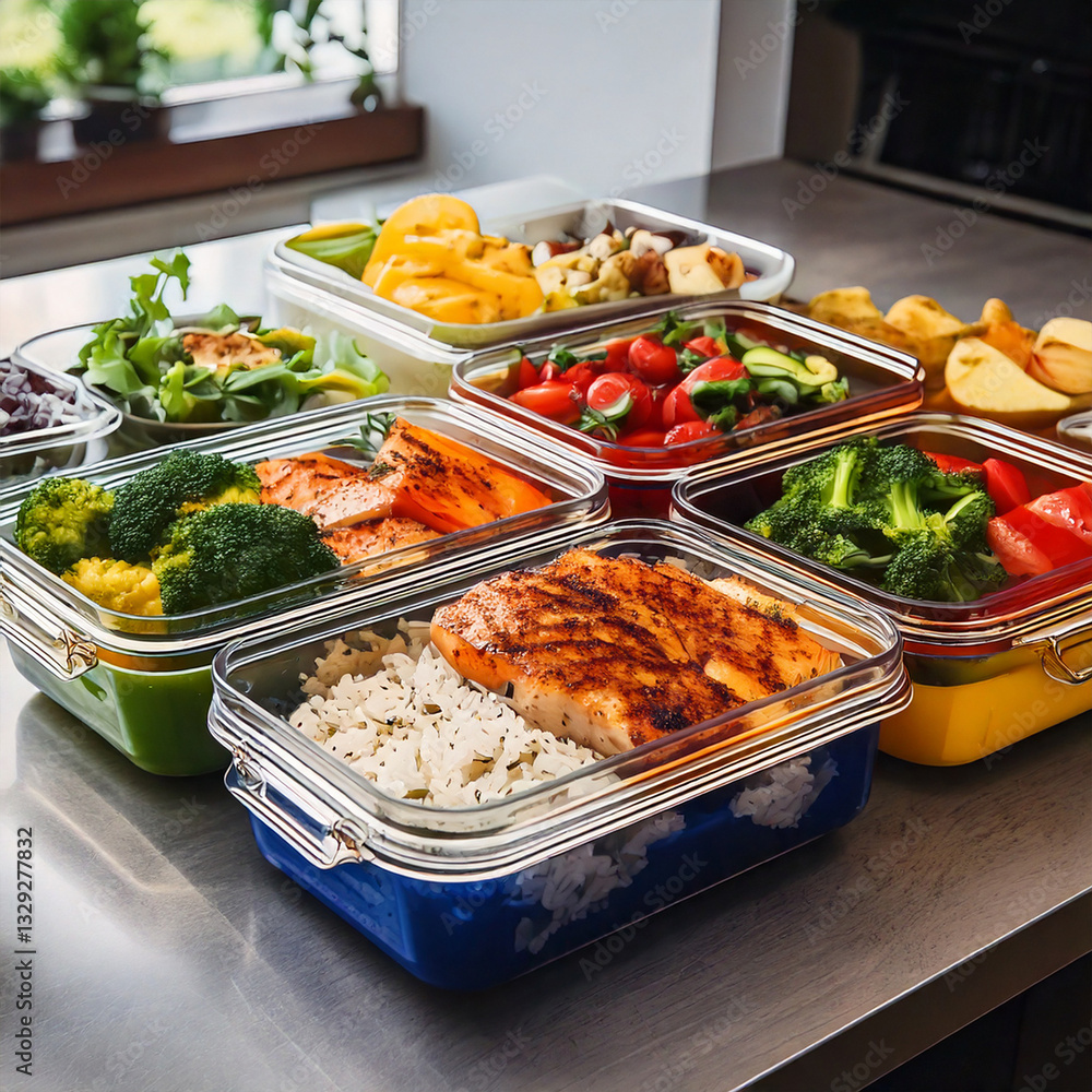 Well-organized meal prep setup with nutritious meals