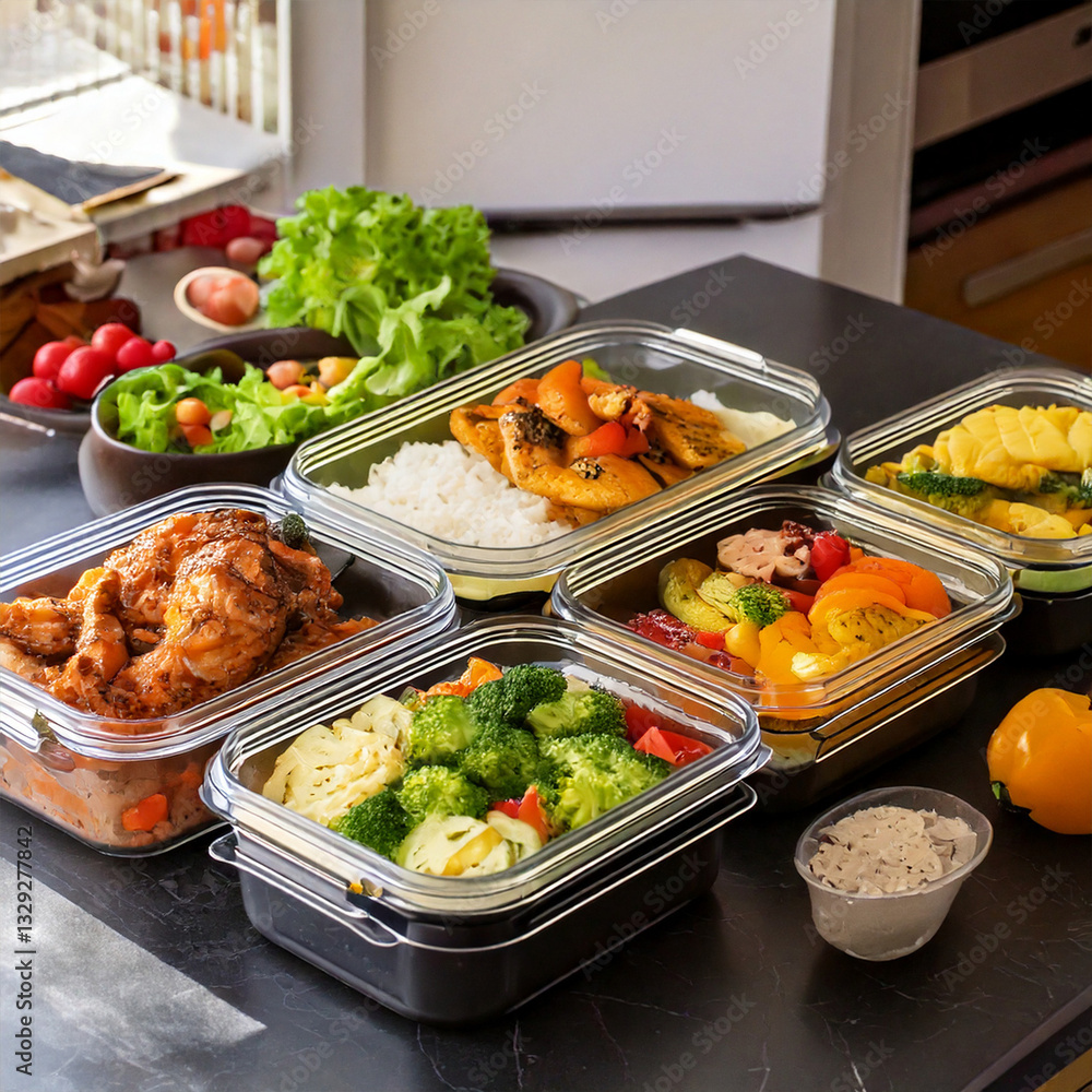 Well-organized meal prep setup with nutritious meals