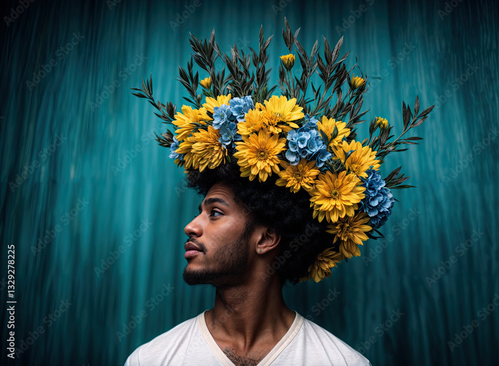 A man with a vibrant floral crown, showcasing a bold and artistic style.
