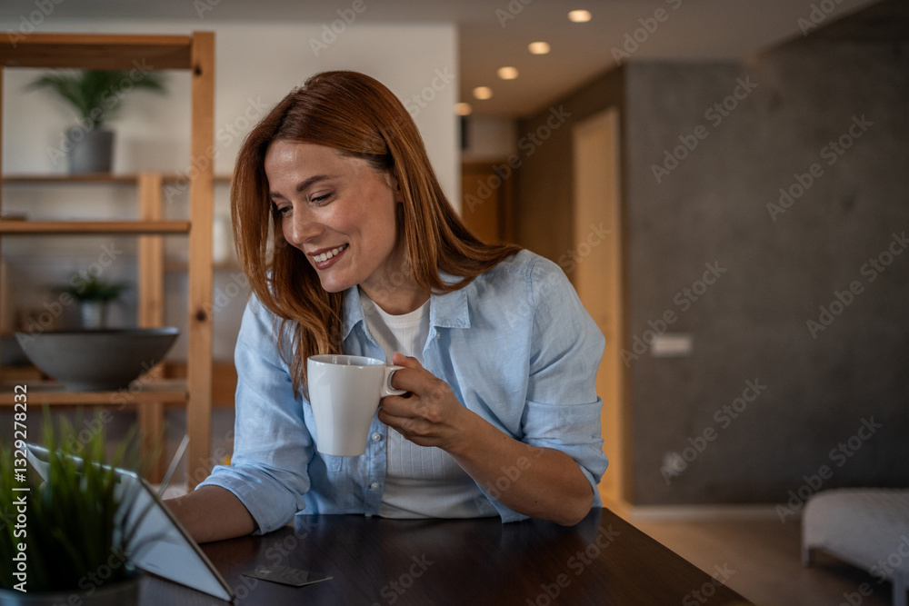 Smiling woman drinking coffee and using digital tablet at home Smiling woman drinking coffee and using digital tablet at home