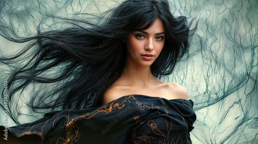 Elegant portrait of a woman with long, dark hair, showcasing a serene and confident expression.