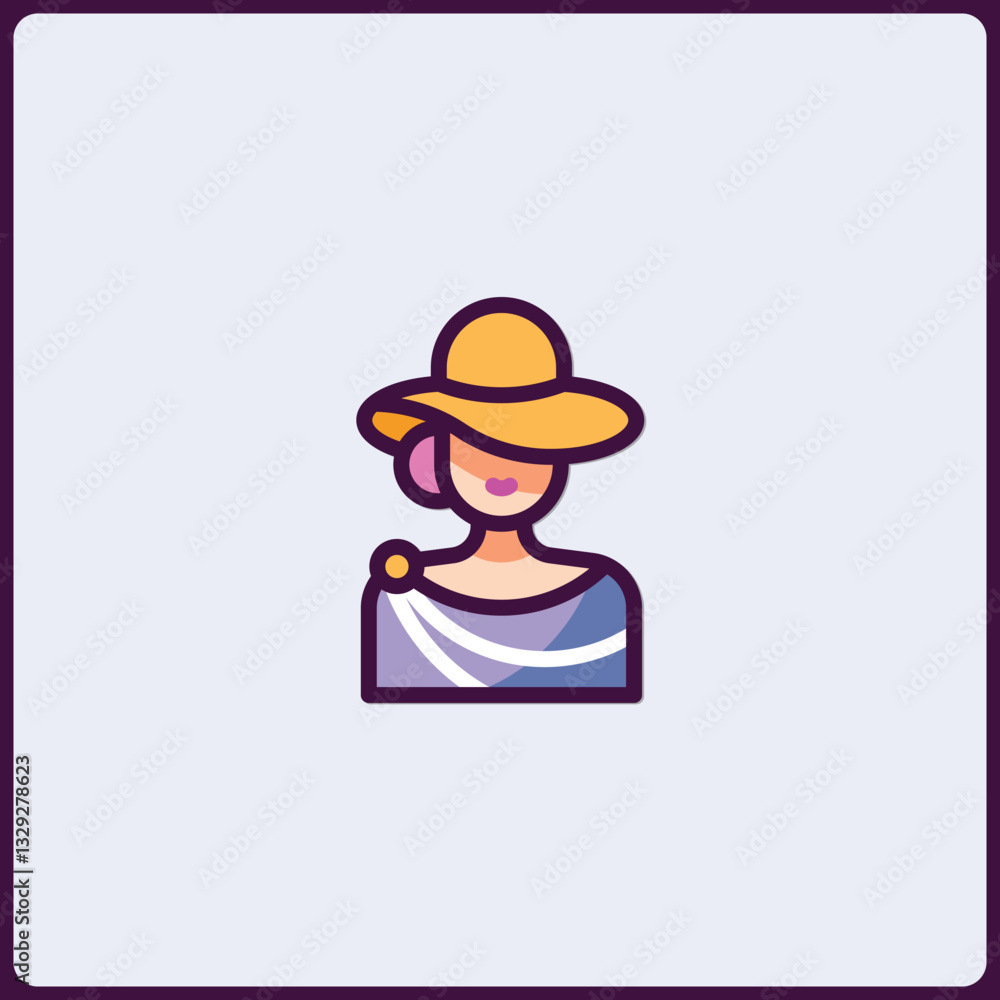 Stylized icon depicting a woman in a hat and ancient roman style robe Stylized icon depicting a woman in a hat and ancient roman style robe