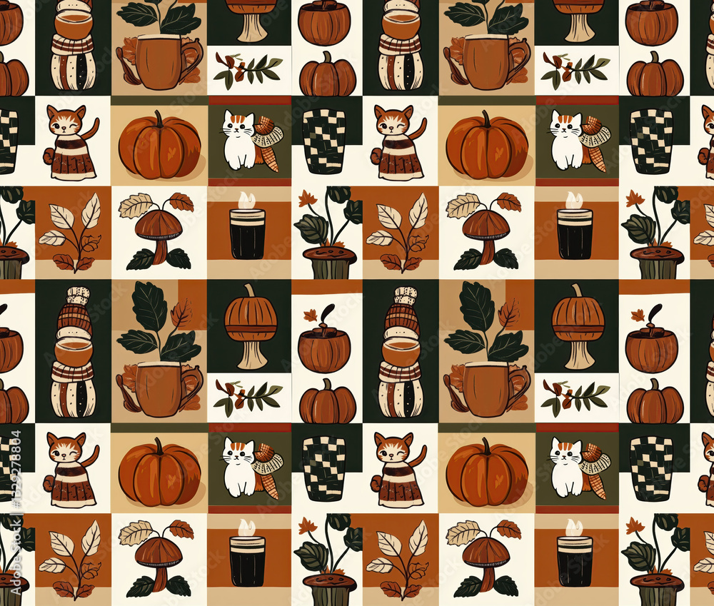 a vibrant, colorful illustration that features various autumn-themed elements arranged in a grid pattern. It includes pumpkins, mushrooms, cups of coffee, and playful cats.