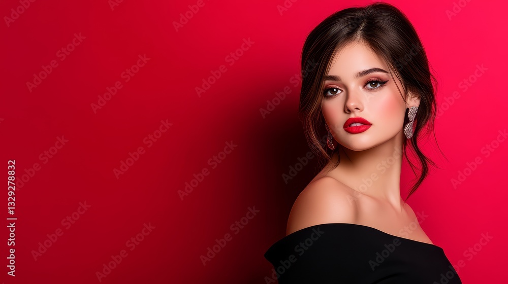 Portrait of a young woman with elegant makeup against a vibrant red background, showcasing beauty Portrait of a young woman with elegant makeup against a vibrant red background, showcasing beauty