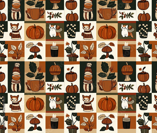 Obraz na płótnie a vibrant, colorful illustration that features various autumn-themed elements arranged in a grid pattern. It includes pumpkins, mushrooms, cups of coffee, and playful cats. w salonie