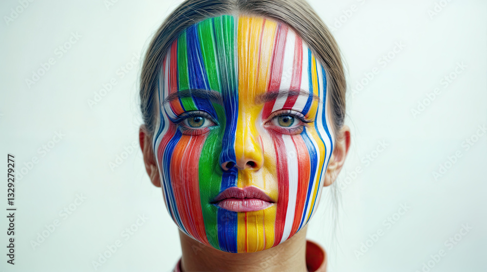 Vibrant stripes of color adorn the face, creating a striking visual effect.