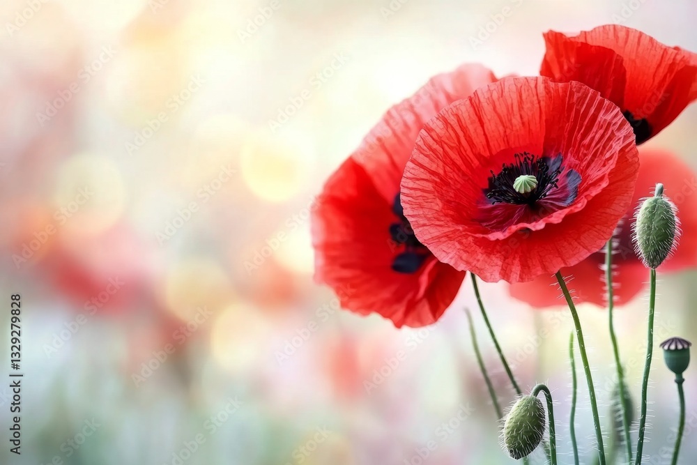 Obraz premium A close-up of a vibrant red poppy flower swaying gently in the breeze, with a blurred background of green fields